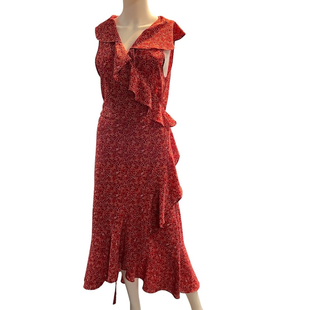 Max Studio Wrap Dress Red Micro Floral Chiffon Ruffle Midi XL Cottagecore Event